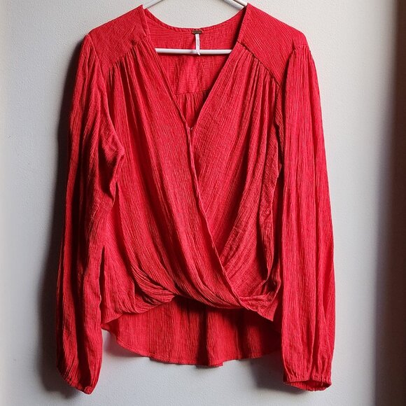 Free People Bright Red/Orange V-Neck Crossover Blouse Size Medium - Picture 7 of 16